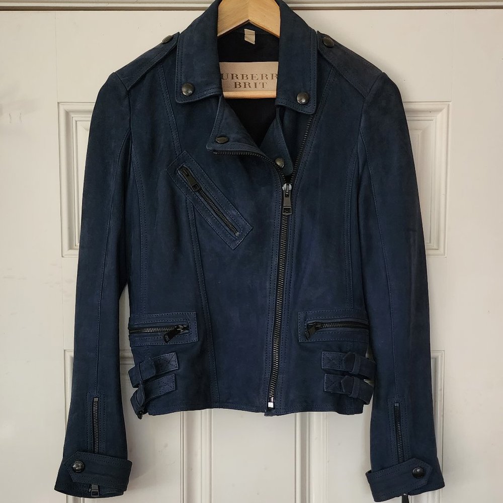 BURBERRY BRIT "Sandfield" Suede Leather Moto Jacket Blue 6 Medium